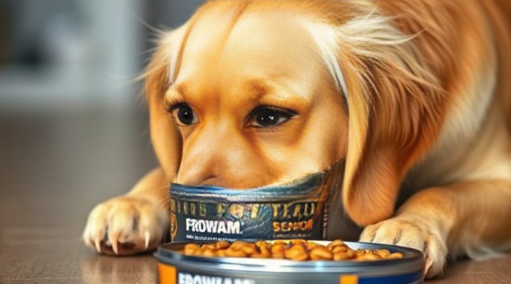Older dog happily eating Fromm senior formula dog food