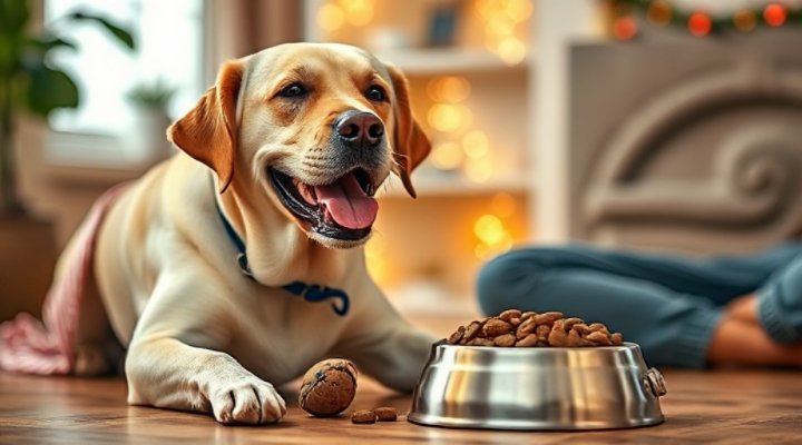 A happy dog enjoying a meal of healthy dog food