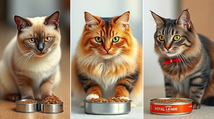 Different cat breeds enjoying Royal Canin food