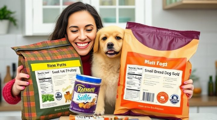 A person comparing ingredients on different dog food bags for small breeds