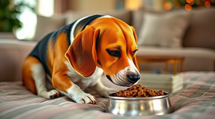 A senior dog happily eating Diamond Naturals Dog Food