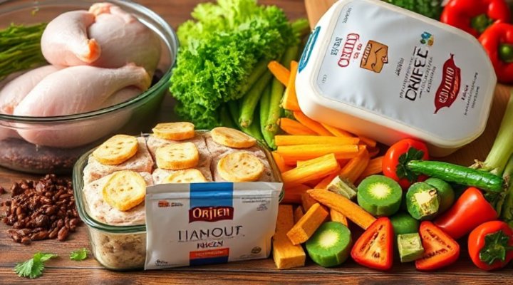 Close-up of Orijen dog food ingredients showing fresh meat and vegetables