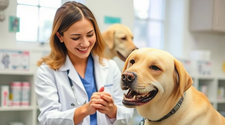 A veterinarian checking the health of a dog that eats The Farmer