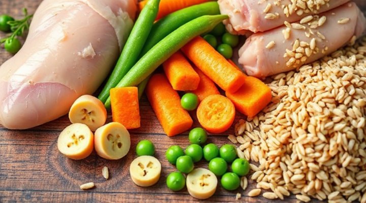 Close-up of different dog food ingredients like meat, vegetables, and grains