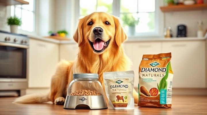 A happy golden retriever enjoying Diamond Naturals Dog Food