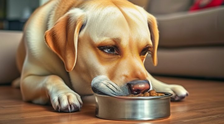 An older Labrador enjoying a specially formulated senior dog food