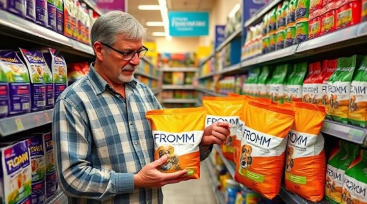 Thoughtful dog owner comparing Fromm with other premium dog food brands