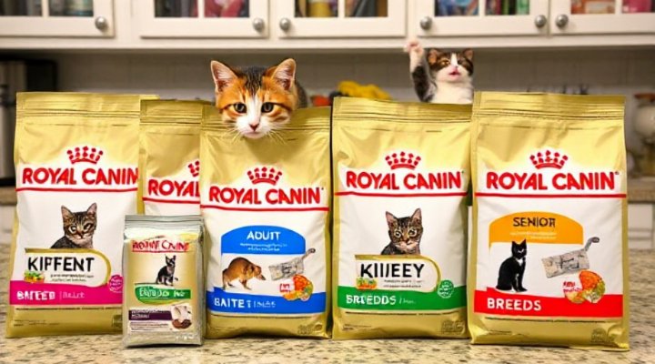 Royal Canin cat food packages for different life stages