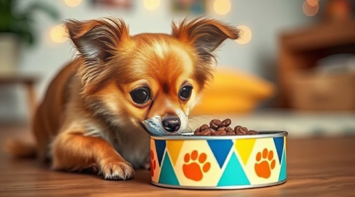 A small breed dog happily eating from a bowl of premium dog food