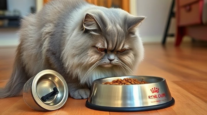 A happy cat eating Royal Canin cat food