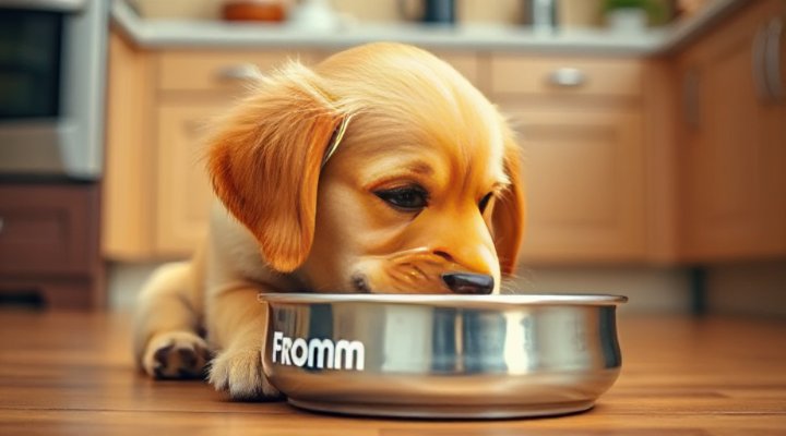 Golden retriever happily eating Fromm dog food from a bowl