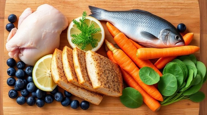 Assortment of fresh meats, fruits, and vegetables used in Orijen dog food