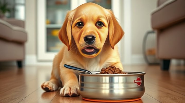 A cute golden retriever puppy happily eating Pedigree dog food from a bowl
