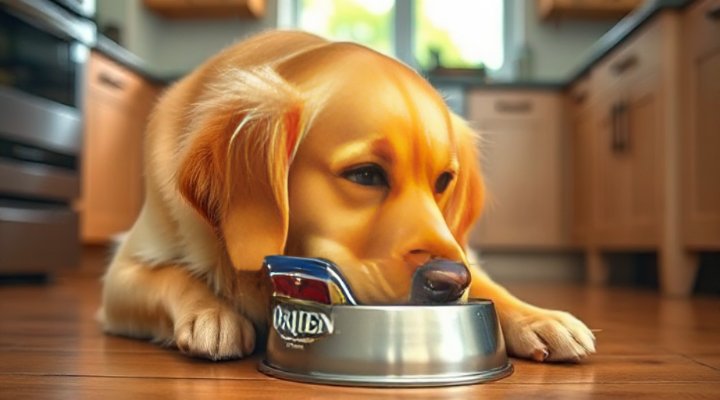 Happy golden retriever eating Orijen dog food from a bowl