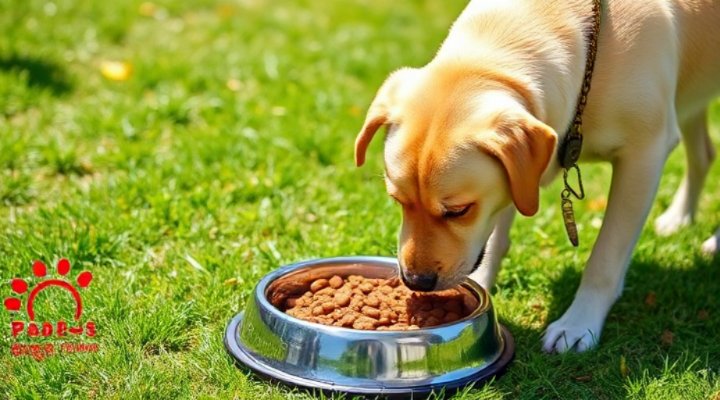 A happy dog eating from a bowl of premium dog food