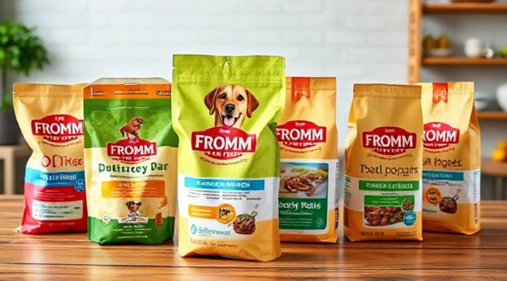 Different varieties of Fromm dog food packages displayed together