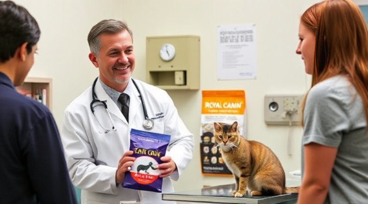 A veterinarian discussing Royal Canin cat food with a pet owner