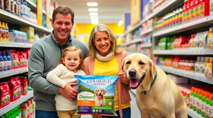 A family with their dog selecting Diamond Naturals Dog Food at a pet store