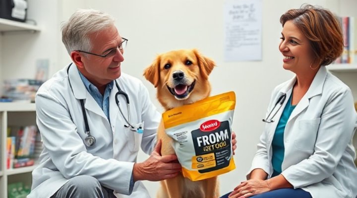 A friendly veterinarian holding Fromm dog food and talking to a pet owner