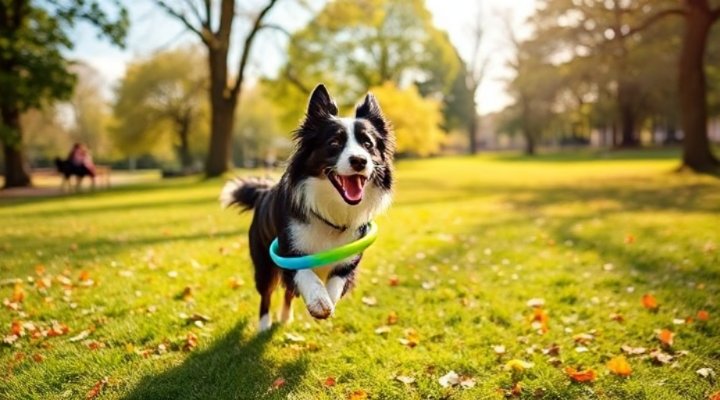 Energetic border collie with healthy coat playing fetch, nourished by Orijen dog food