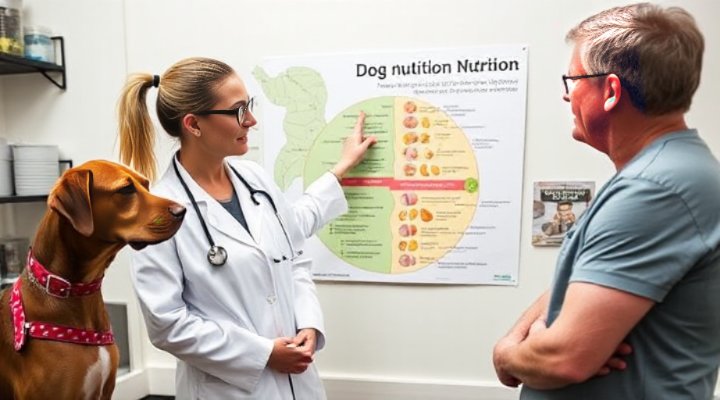 A kind veterinarian discussing dog nutrition with a pet owner