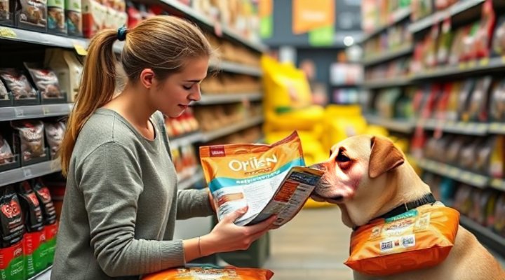 Responsible pet owner carefully examining Orijen dog food ingredients label