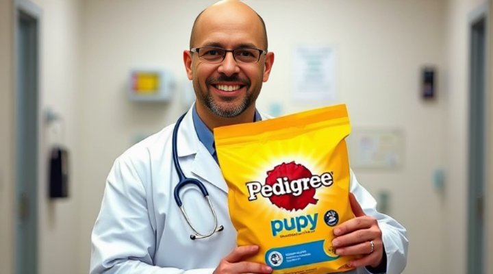 A friendly veterinarian holding Pedigree dog food and smiling