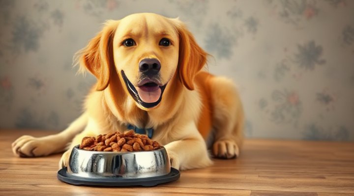 A happy golden retriever enjoying a bowl of high-quality dog food