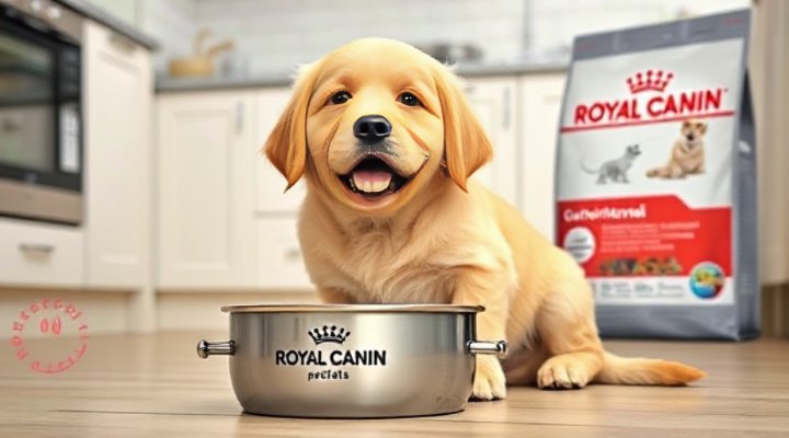 Golden retriever happily eating Royal Canin Gastrointestinal dog food from a bowl