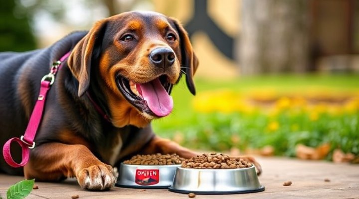 Happy dog eating Orijen dog food