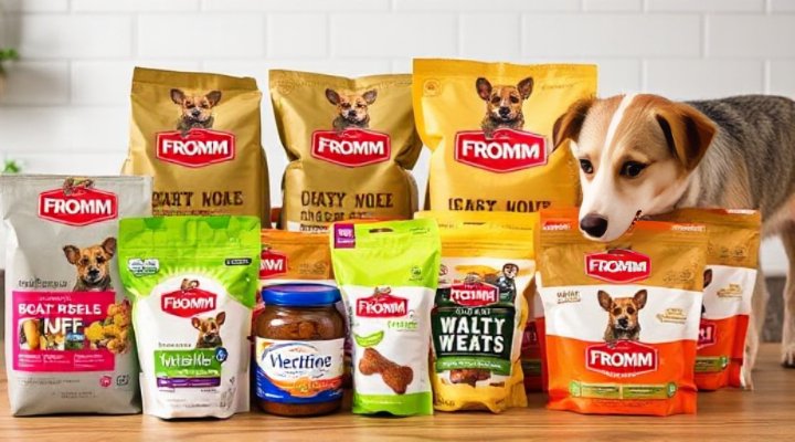 Different Fromm dog food products lined up for comparison