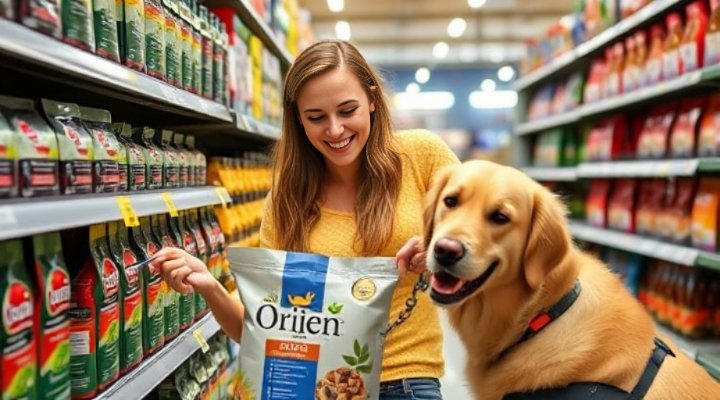 A caring dog owner selecting Orijen dog food at a pet store