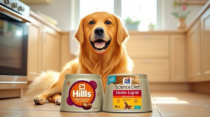A happy golden retriever enjoying a bowl of Hills Dog Food