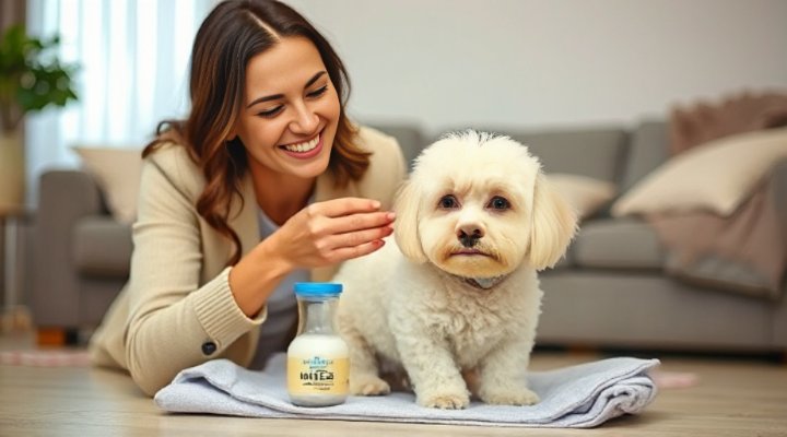 A loving owner applying flea treatment to a small dog