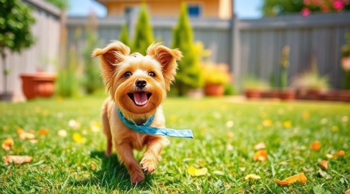 A happy and healthy small breed dog playing outdoors