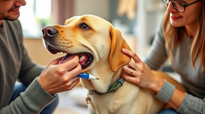 A caring owner applying flea treatment between a dog