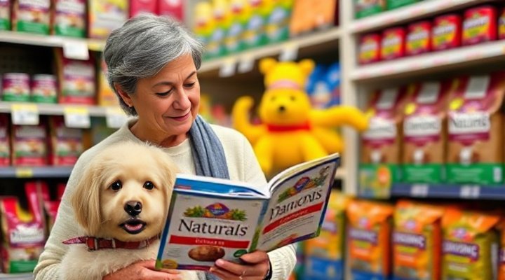 A pet owner reading the label of Diamond Naturals dog food