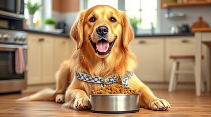 A happy golden retriever enjoying a bowl of fresh dog food