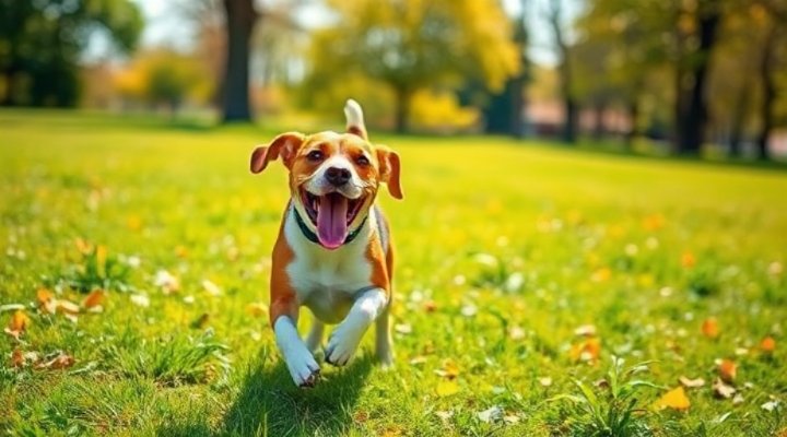 A happy dog running in a park after successful flea treatment