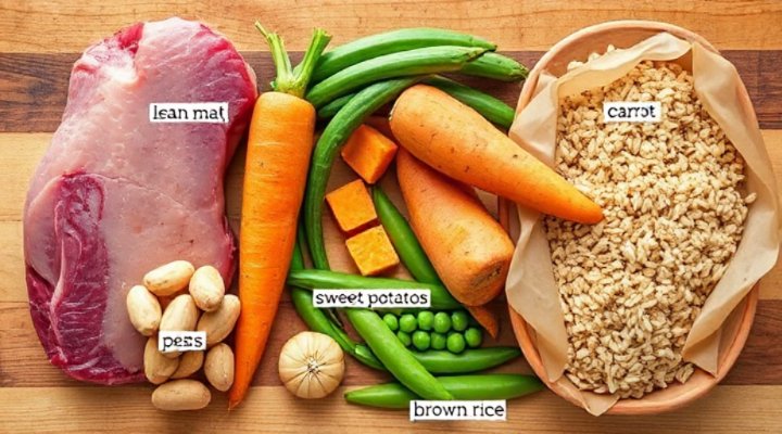 Assortment of fresh ingredients for homemade dog food including meat, vegetables, and grains