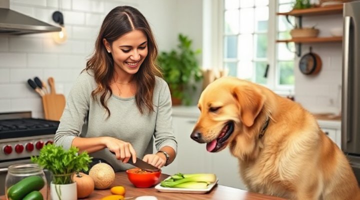 A loving owner preparing fresh dog food in the kitchen