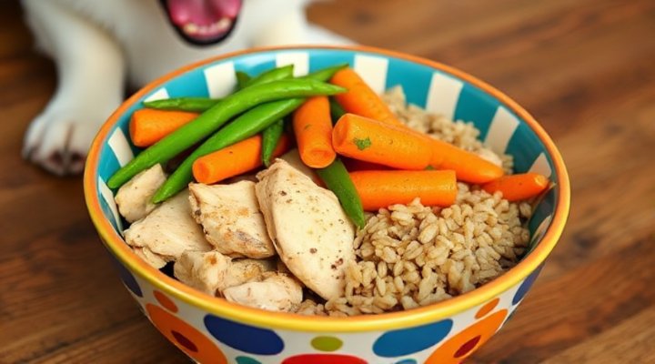 A bowl of homemade dog food with chicken, vegetables, and rice