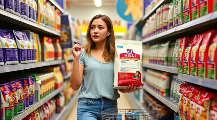 A pet owner carefully comparing Hills Dog Food labels in a store