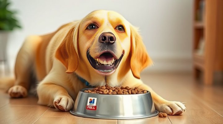 A happy golden retriever enjoying a bowl of Hills Dog Food