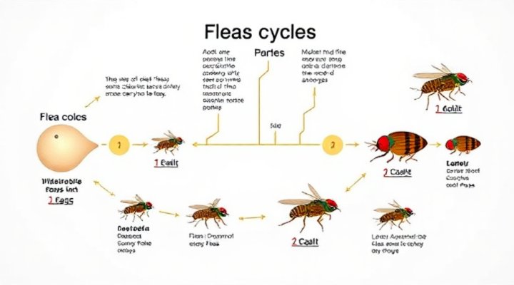 Educational diagram showing the life cycle of fleas