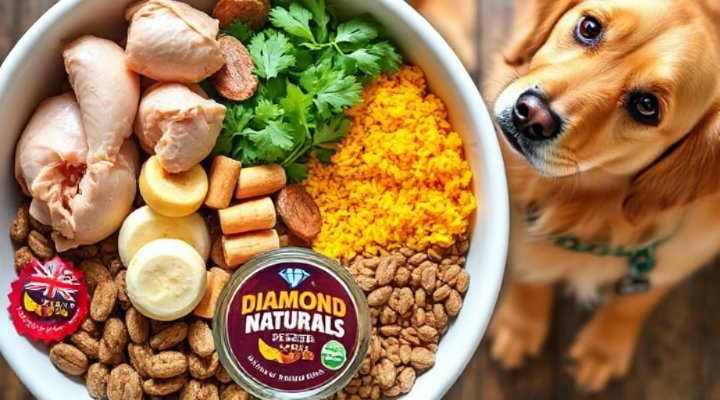 Diamond Naturals dog food ingredients displayed in a bowl