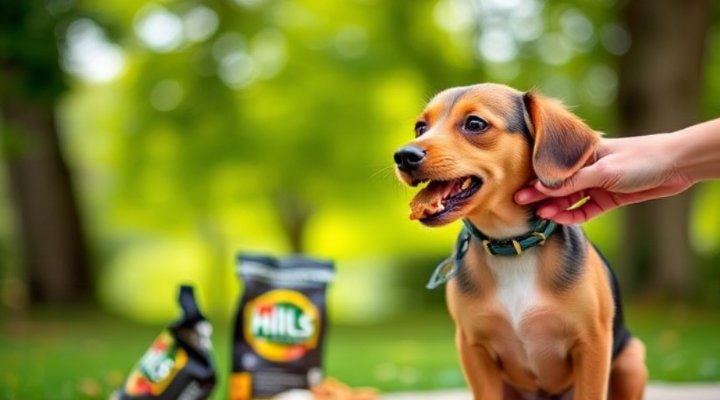 A small dog happily eating Hills Dog Food treats