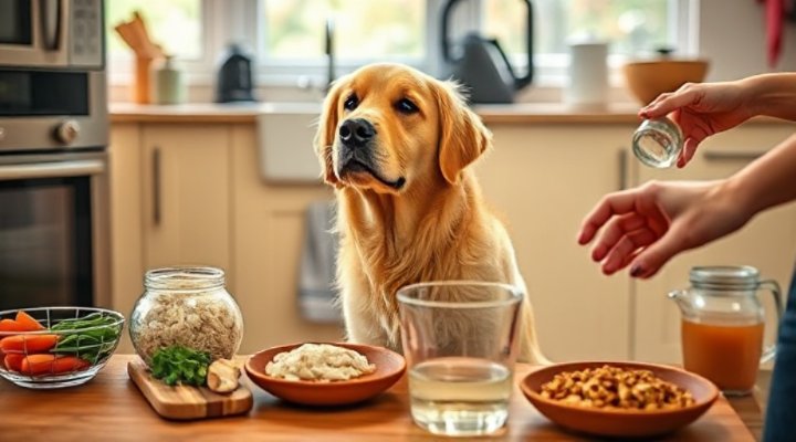 A happy dog watching homemade dog food being prepared