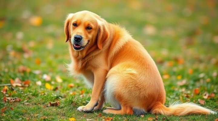 A cute golden retriever scratching its back due to flea irritation