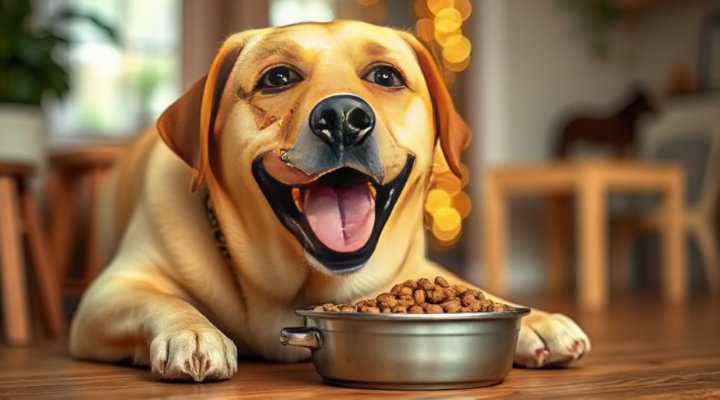 A dog happily eating homemade dog food